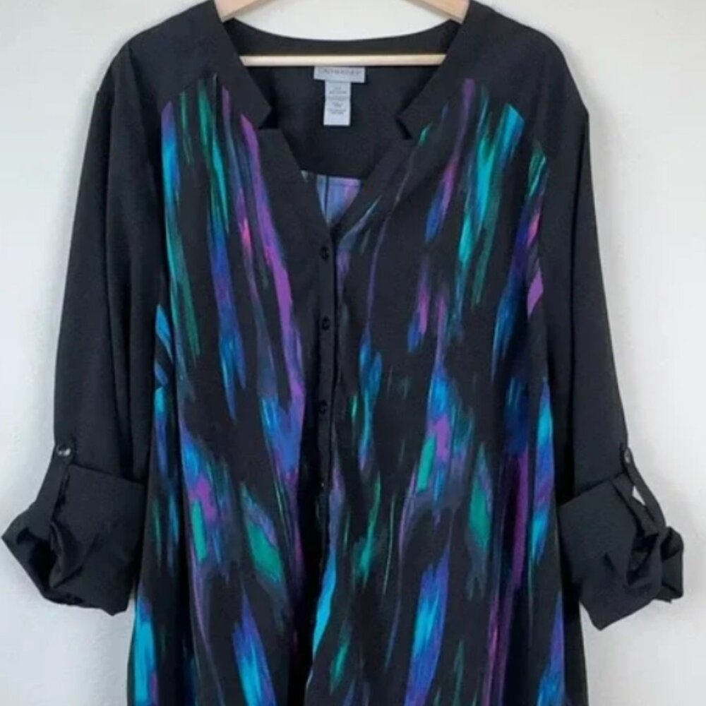 Catherines 2X Shirt Top Black Blue Green Purple Button Down V-Neck Lightweight